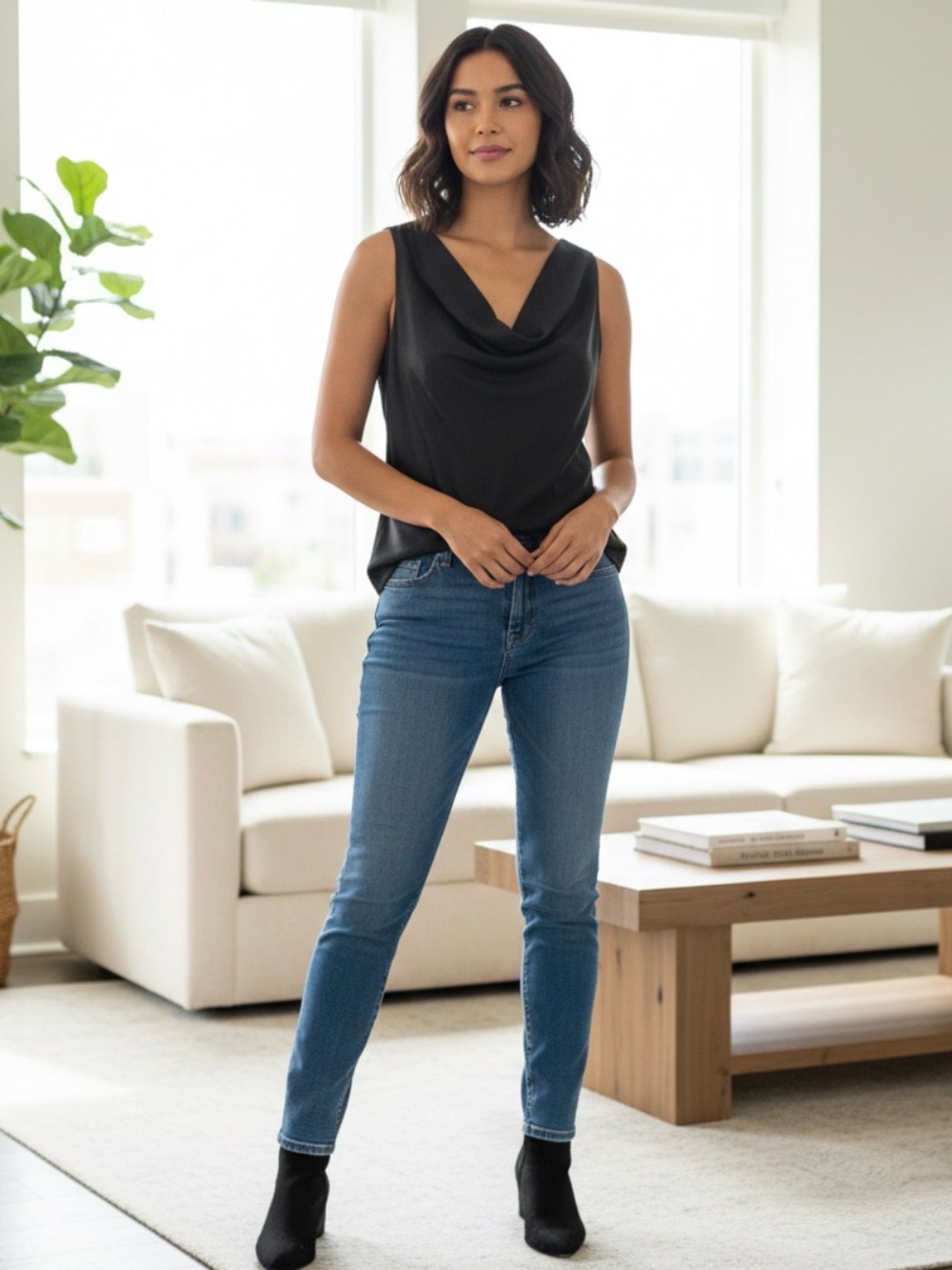 Elie Tahari Draped V-Neck Black Sleeveless Blouse